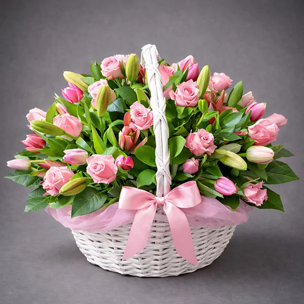 Красная шапочка - корзина из розовых роз и тюльпанов